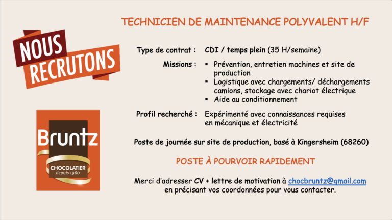 recrutement offre emploi Chocolaterie Bruntz technicien